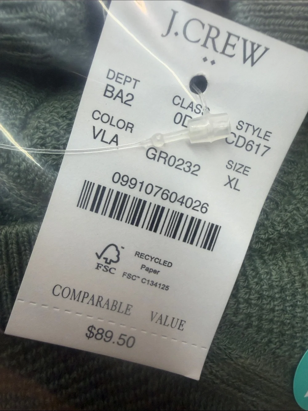J. Crew Men's Raglan Olive Crewneck Sweater